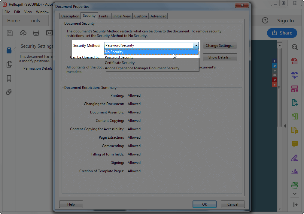 Диалог параметров PDF файла в Adobe Acrobat Pro DC