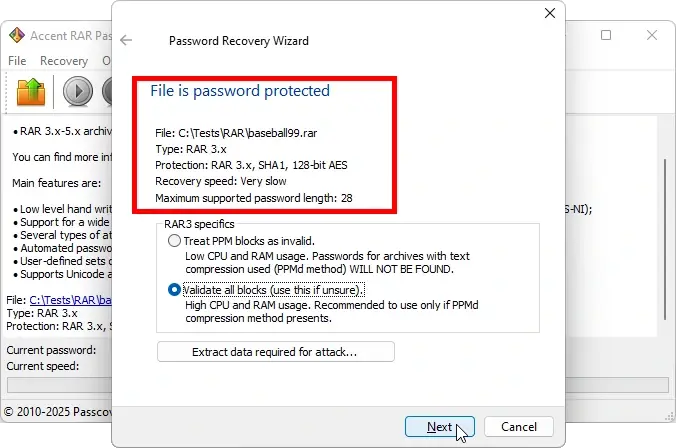 Окно информации о файле архива в AccentRPR