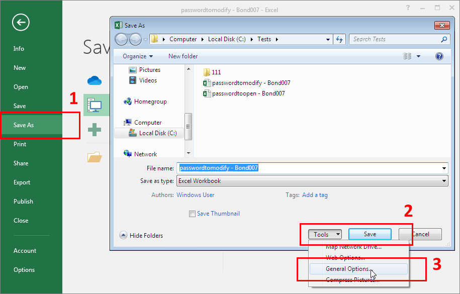 Microsoft Excel 2016-2019. Окно настроек сохранения файла