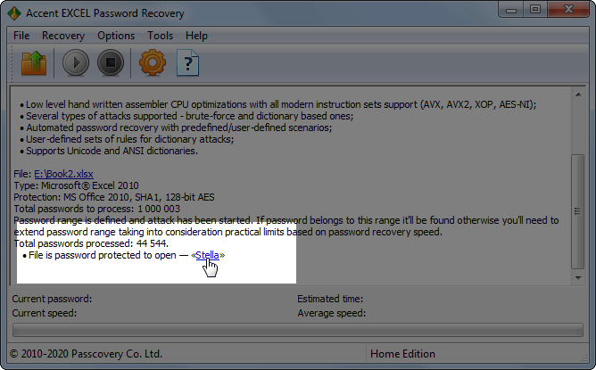 Accent EXCEL Password Recovery находит пароли Excel