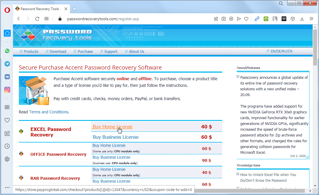 Безопасная покупка Accent EXCEL Password Recovery