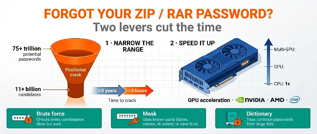 Инфографика восстановления Zip/RAR пароля: позиционная маска сужает диапазон с 75+ трлн до 11+ млрд и срок с ~3 лет до ~3 часов, плюс GPU-ускорение