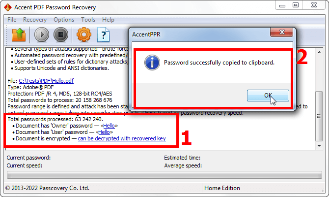 Успешное восстановление PDF пароля в AccentPPR