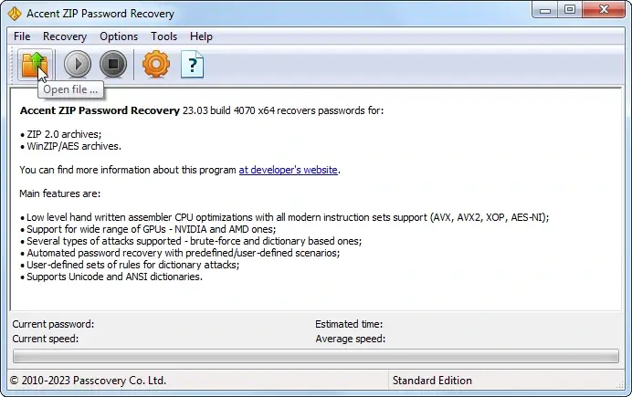 Accent ZIP Password Recovery. Интерфейс главного окна программы