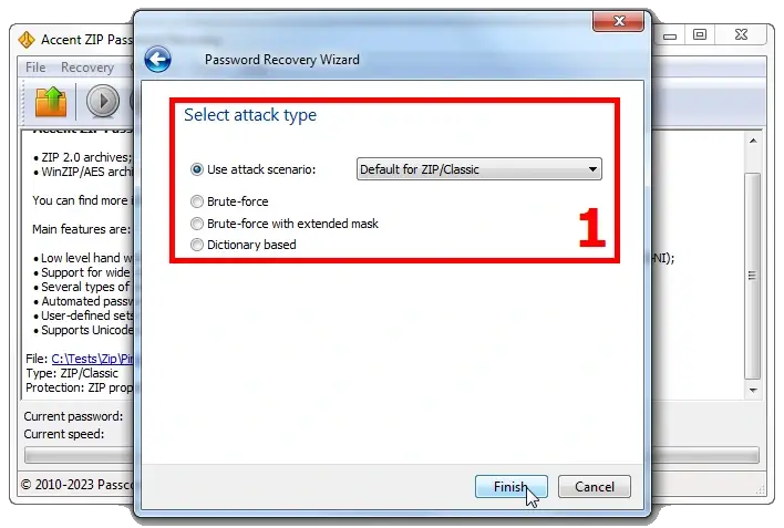 AccentZPR. Выбор готового сценария или одной из трёх атак на забытый пароль