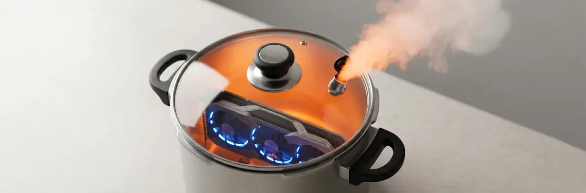 Видеокарта внутри скороварки с приоткрытым клапаном: метафора троттлинга GPU при перегреве