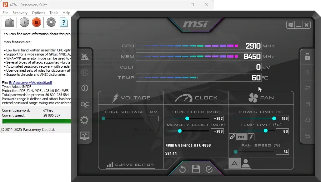 MSI Afterburner поверх Passcovery Suite: восстановление пароля PDF (Acrobat 6) на GPU NVIDIA RTX 4060, температура 63°C