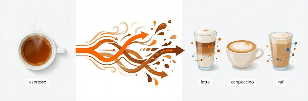 Метафора мутации паролей: одна чашка эспрессо слева превращается в латте, капучино и раф справа – одна основа, множество вариантов