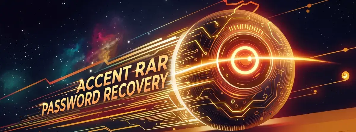 Взлом RAR пароля в Accent RAR Password Recovery: сфера-микросхема с мишенью в центре несётся сквозь космос, оставляя огненный шлейф скорости