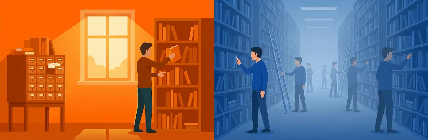 Сравнение двух методов: слева – быстрый поиск книги по каталогу (расшифровка .xls), справа – роботы сканируют миллионы книг на полках (восстановление пароля .xlsx)