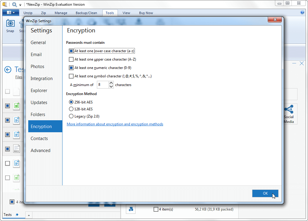 Настройка политики паролей в WinZip 26. Минимальные требования к zip паролю