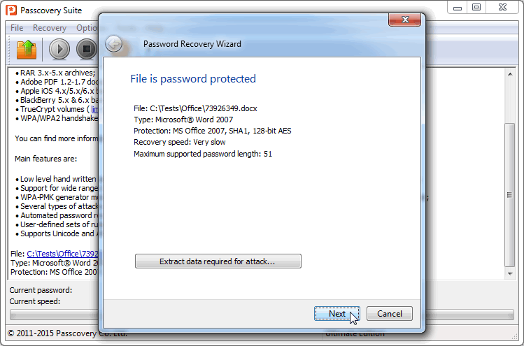 Откройте в Passcovery Suite закрытый паролём файл