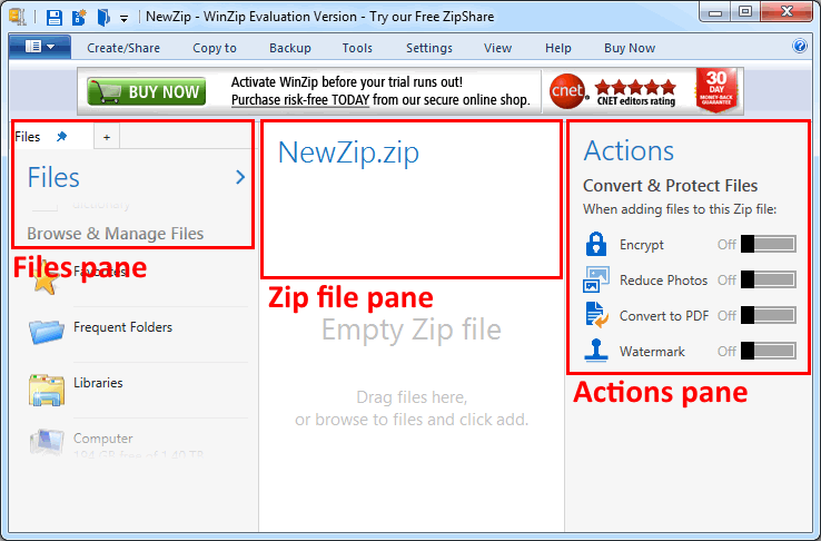 У WinZip три рабочих панели: Панель файлов, Панель Zip архива, Панель опций архива