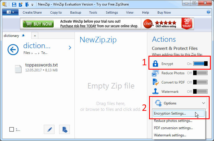 Включите шифрование ДО добавления файлов в Zip архив