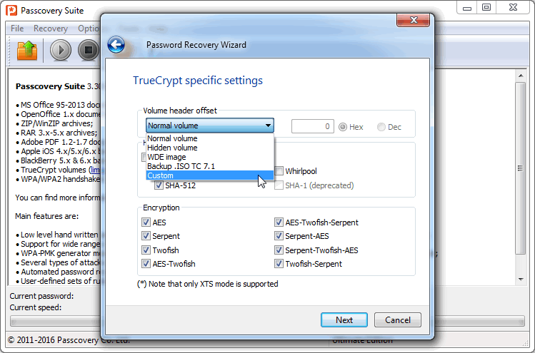 Установка смещений при взломе паролей TrueCrypt в Passcovery Suite