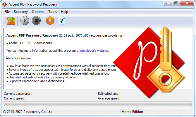 Accent PDF Password Recovery восстанавливает и снимает PDF пароли